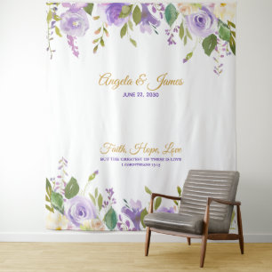 Tenture Mariage Floral Élégant Violet Aquarelle Or