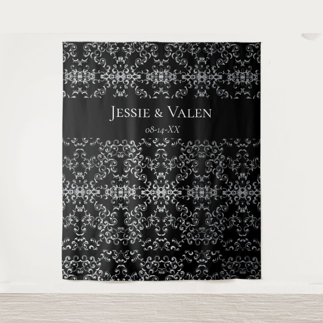 Tenture Mariage gothique au tourbillon argent et noir (Devant)
