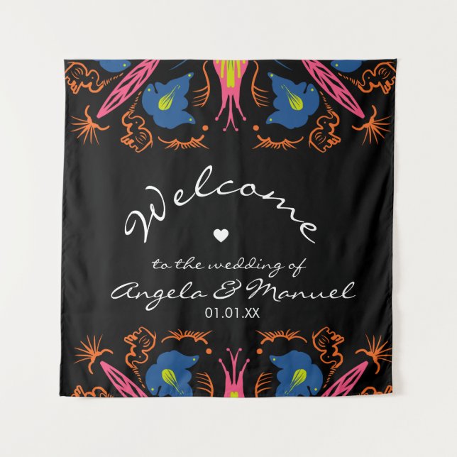 Tenture Mariage Indien Éléphant Floral Noir  (Devant)