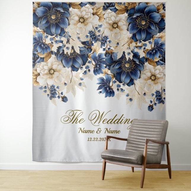 Tenture Mariage Marine Bleu Blanc Or Floral Argent (En situation)