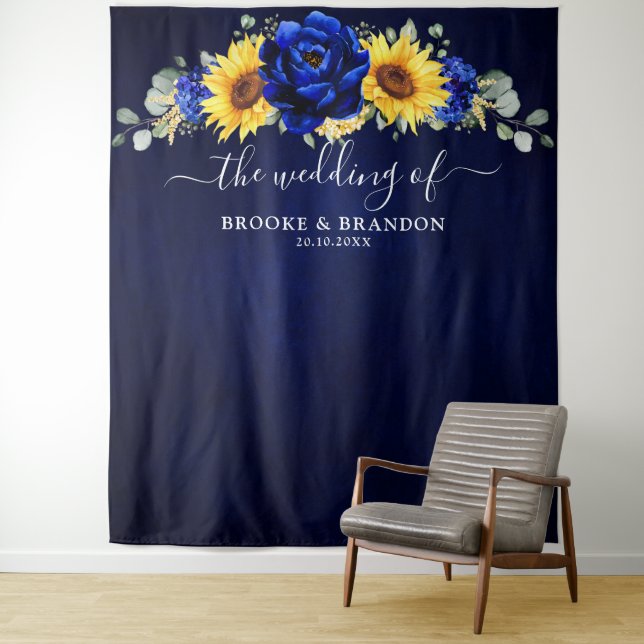Tenture Mariage Moderne Rustique Bleu Royal de Tournesol (En situation)