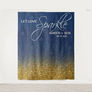 Tenture Mariage personnalisé Paon Paillettes Bleu Nuit & O