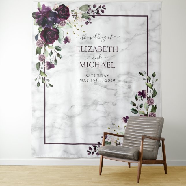 Tenture Mariage Photo Marbre Aquarelle Or Violet Prune (En situation)