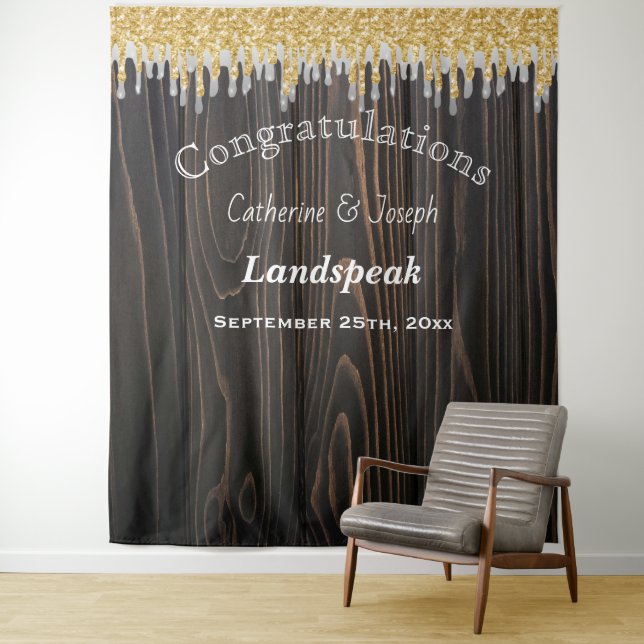 Tenture Mariage scintillant gris argent et or (En situation)