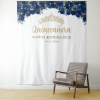 Marine Blue Gold Floral Quinceanera Fond photo