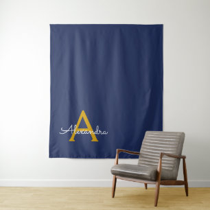 Tenture Marine Blue Gold Modern Script Girl Monogramme Nom