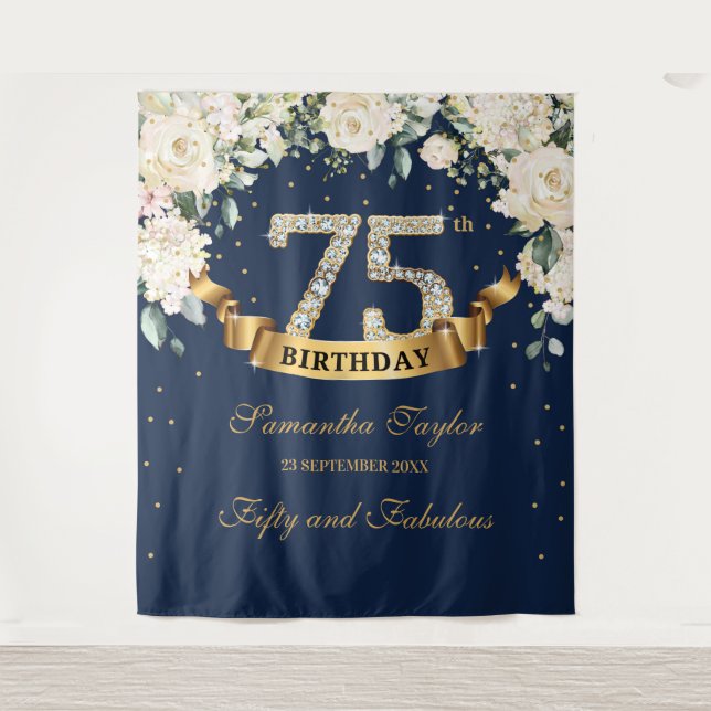 Tenture Marine Gold Green Fleurs blanches 75e anniversaire (Devant)