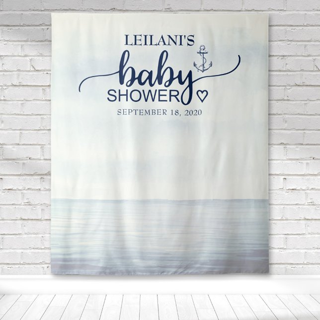 Tenture Marine Océanique Navale (Watercolor ocean background with an anchor & baby shower typography for a nautical inspired backdrop)