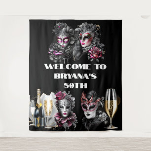Tenture Mascarade boule anniversaire rose noir masques arg