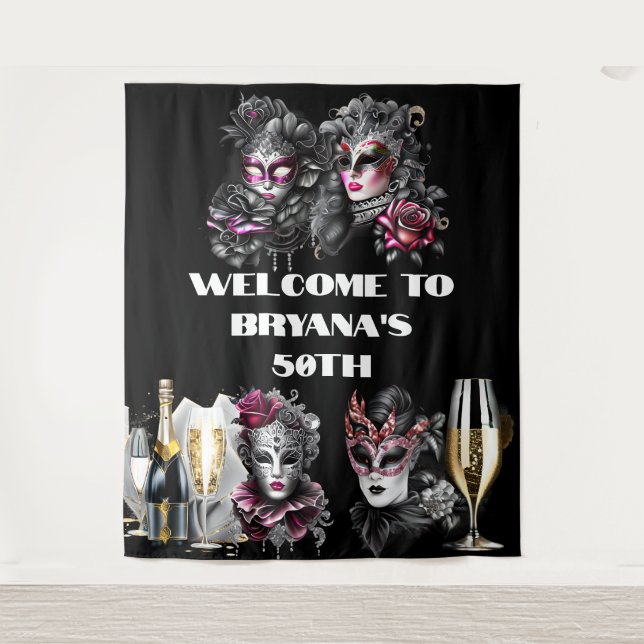 Tenture Mascarade boule anniversaire rose noir masques arg (Devant)