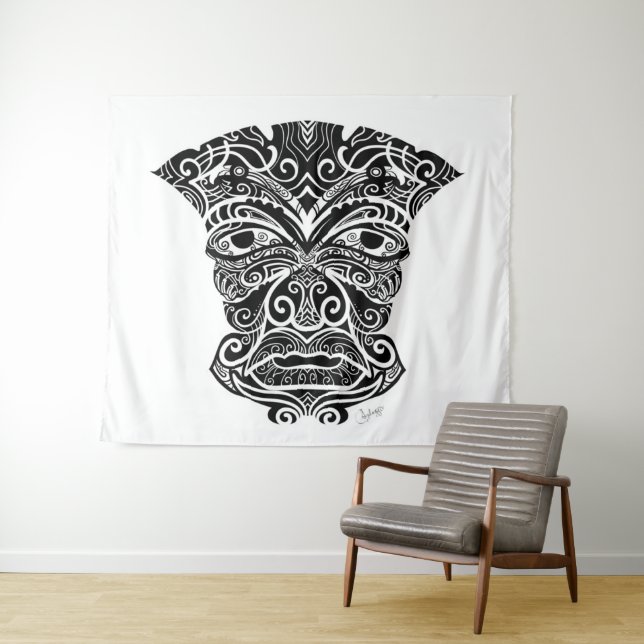 Tenture Masque Tiki Blanc Et Noir (En situation (horizontale))
