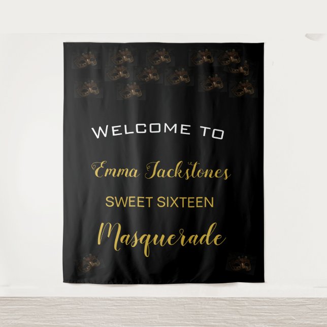Tenture Masquerade Or Noir Sweet 16 15 Anniversaire  (Devant)
