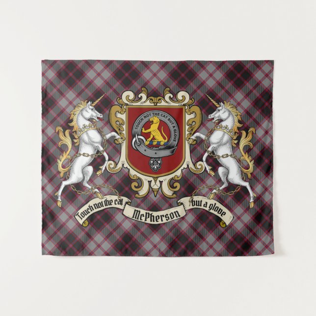 Tenture McPherson Clan Badge & Unicorns avec Tartan (Devant (Horizontal))