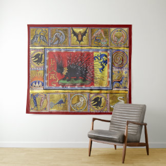 Tenture MEDIEVAL BESTIARY,BLACK HEDGEHOG KING and ANIMALS 