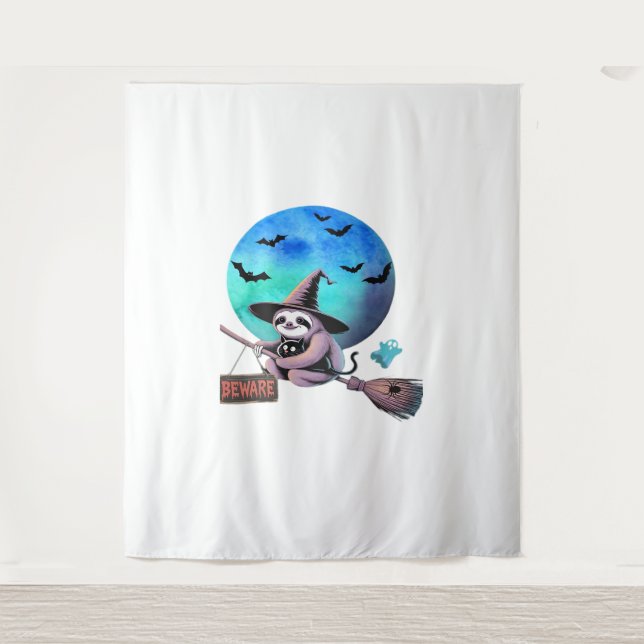 Tenture Méfiez-vous joli sorcier Sloth volant sur Broom Ha (Devant)