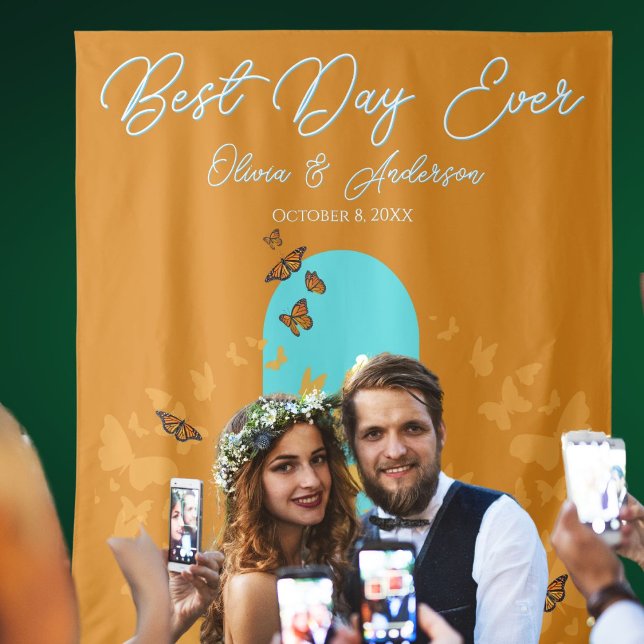 Tenture Meilleur Jour Gold Aqua Monarch Mariage papillon (Best Day Ever Fall Monarch Butterfly Wedding Photo Prop. Aqua Arch in gold flight of Monarchs.)