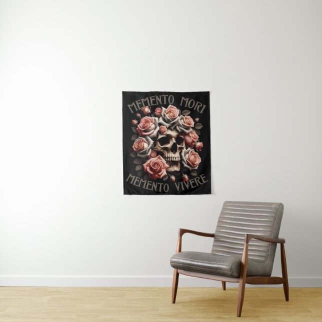 Tenture Memento Mori - Memento Vivere Crâne et Roses (En situation)