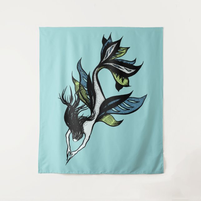 Tenture Mermaid gothique Beau dessin d'encre bleue verte (Devant)