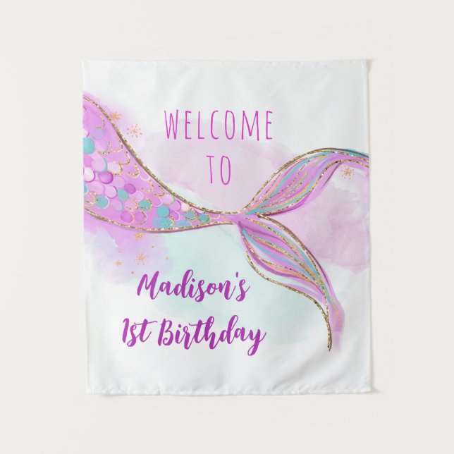Tenture Mermaid rose violet or or Anniversaire (Devant)