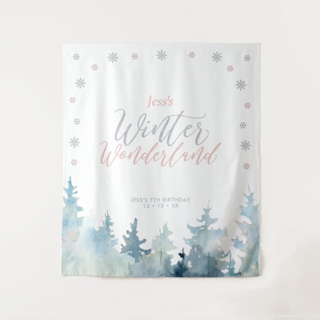 Tenture Merveilleux anniversaire d'hiver argent et rose po (Devant)