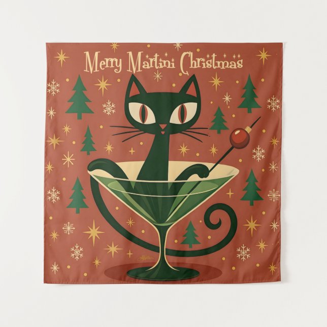 Tenture Mid Century Black Cat Merry Martini Christmas (Devant)