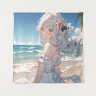Tenture mignonne fille anime aux cheveux blancs sur la pla