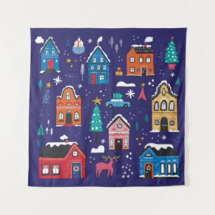 Tenture Mignonnes maisons de Noël plats illustrations vint