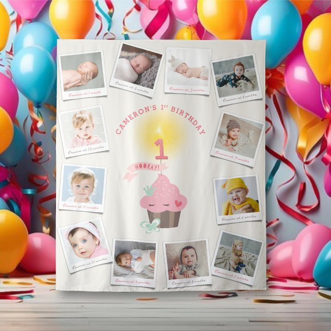 Tenture Miss Pink Cupcake Girl Anniversaire 12 Photo Conte (Miss Pink Cupcake Girl's 1st Birthday 12 Photo Backdrop Tapestry @ fatfatin_mini_me)
