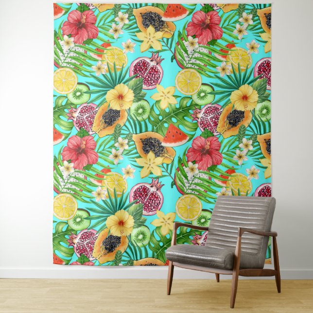 Tenture Mix-fruit tropical, fleurs et feuilles en bleu (En situation)