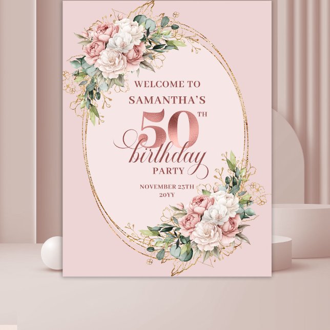 Tenture Modern Feminine Rose Gold 50th Birthday Banner (Modern Feminine Rose Gold 50th Birthday Banner)