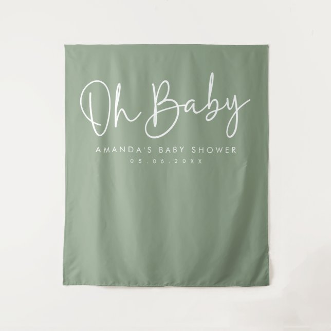 Tenture Modern Script Sage Oh Baby Baby Shower Backdrop (Devant)