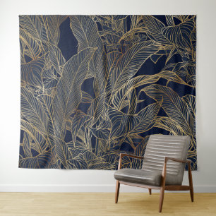 Tenture Moderne Blue Gold Foliage Plante Design botanique