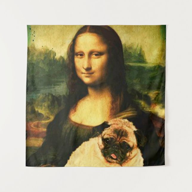Tenture Mona Lisa tenant un carlin, animal de compagnie po (Devant)