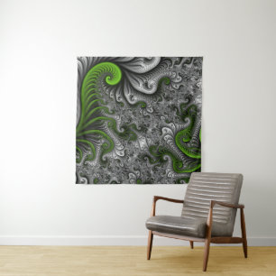 Tenture Monde Fantastique Art Fractal Abstrait Vert Et Gri