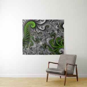 Tenture Monde Fantastique Art Fractal Abstrait Vert Et Gri