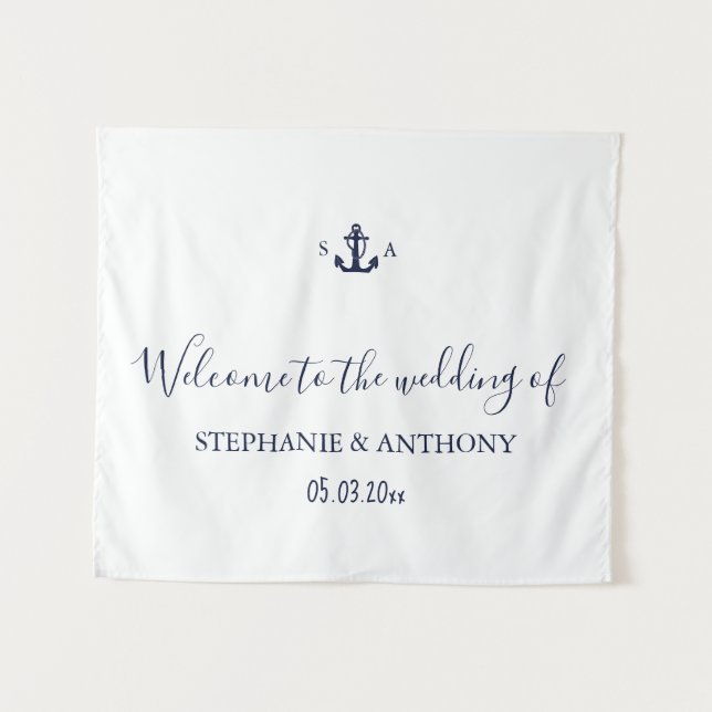 Tenture Monogram Nautical Navy Blue Anchor Wedding     (Devant (Horizontal))