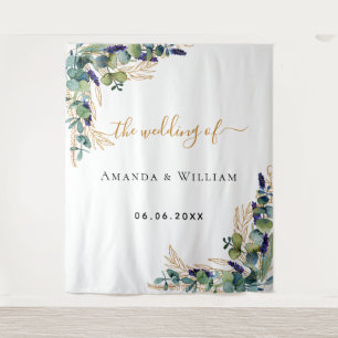 Tenture Monogramme doré de verdure d'eucalyptus de mariage