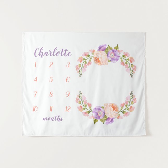 Tenture Monogramme floral aquarelle photo d'étape bébé (Devant (Horizontal))
