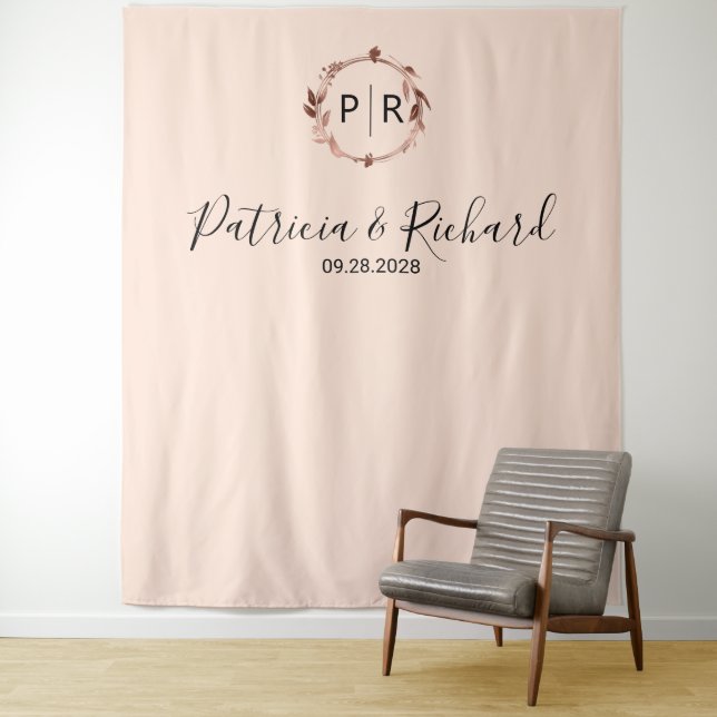 Tenture Monogramme Peach Rose Gold Foil Mariage Arrière (En situation)