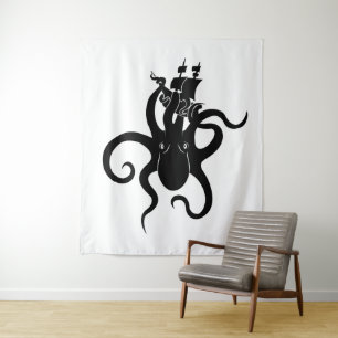 Tenture Monstre de mer noir et blanc Kraken avec navire