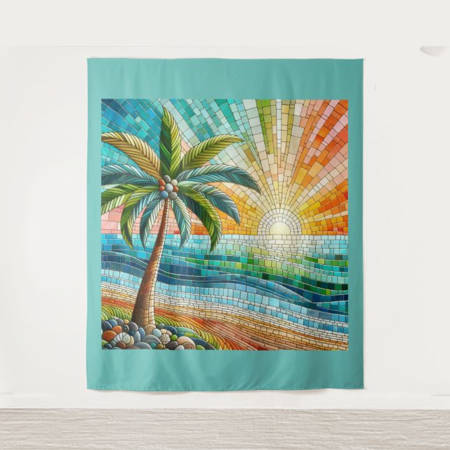 Tenture Mosaic Tropical Plage Coucher de soleil Palm Tree  (Devant)
