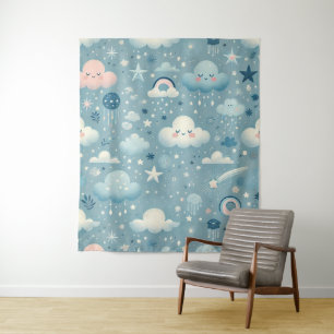 Tenture Motif Ciel Fantaisiste avec Nuages, Étoiles - Bleu