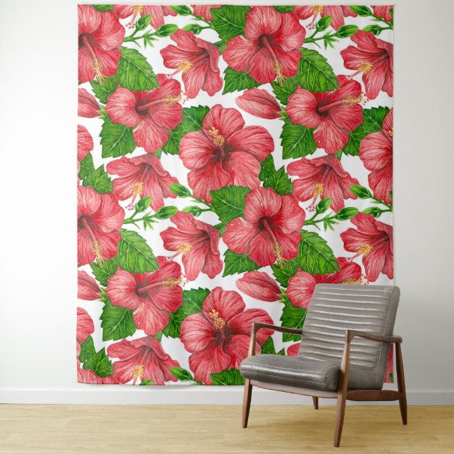 Tenture Motif d'aquarelle d'hibiscus rouge (En situation)