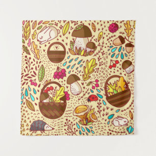 Tenture Motif d'automne. Panier avec feuilles, branches et