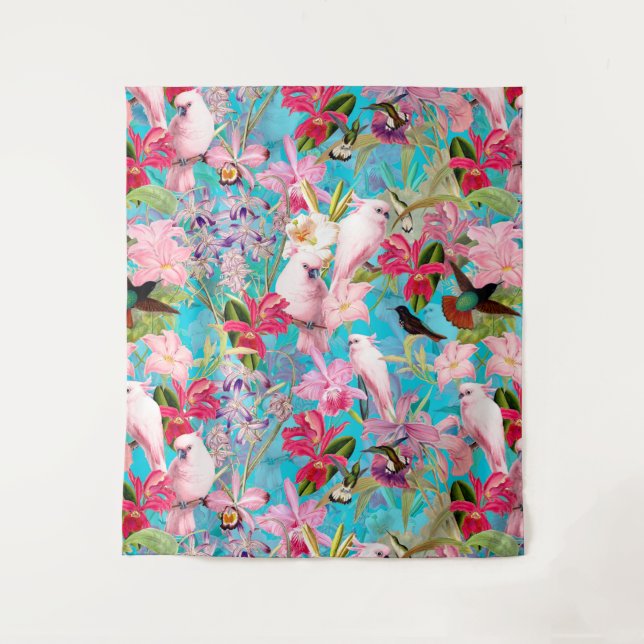 Tenture Motif De Fleur D'Oiseau Et D'Orchidées Rose Tropic (Devant)