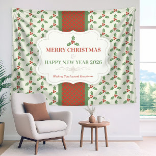 Tenture Motif de houx de Noël Feuilles de houx vertes Baie