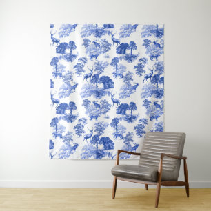 Tenture Motif de toile de Jouy française bleue avec cerf r