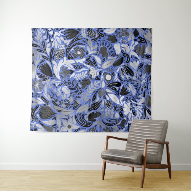 Tenture Motif d'illustration Feuilles floral bleu argent (En situation (horizontale))