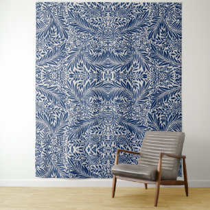 Tenture motif floral bleu avec feuilles et fleurs diverses