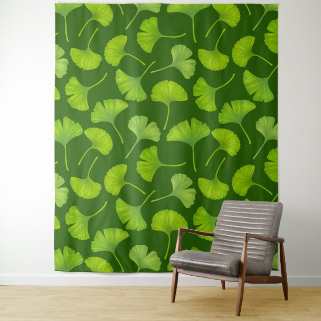 Tenture Motif Ginkgo sur vert foncé (En situation)